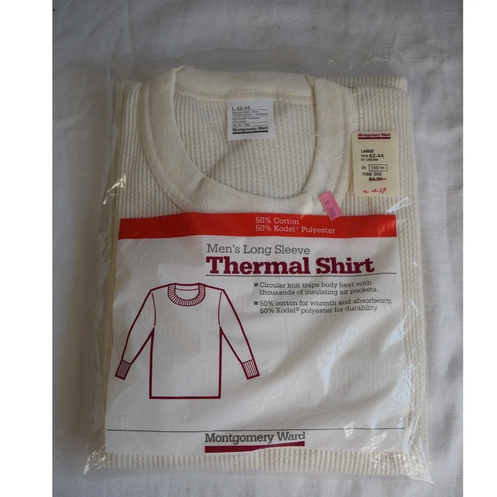 Montgomery Ward Thermal Shirt Large Cream Vintage Waffle Knit Mens Base Layer